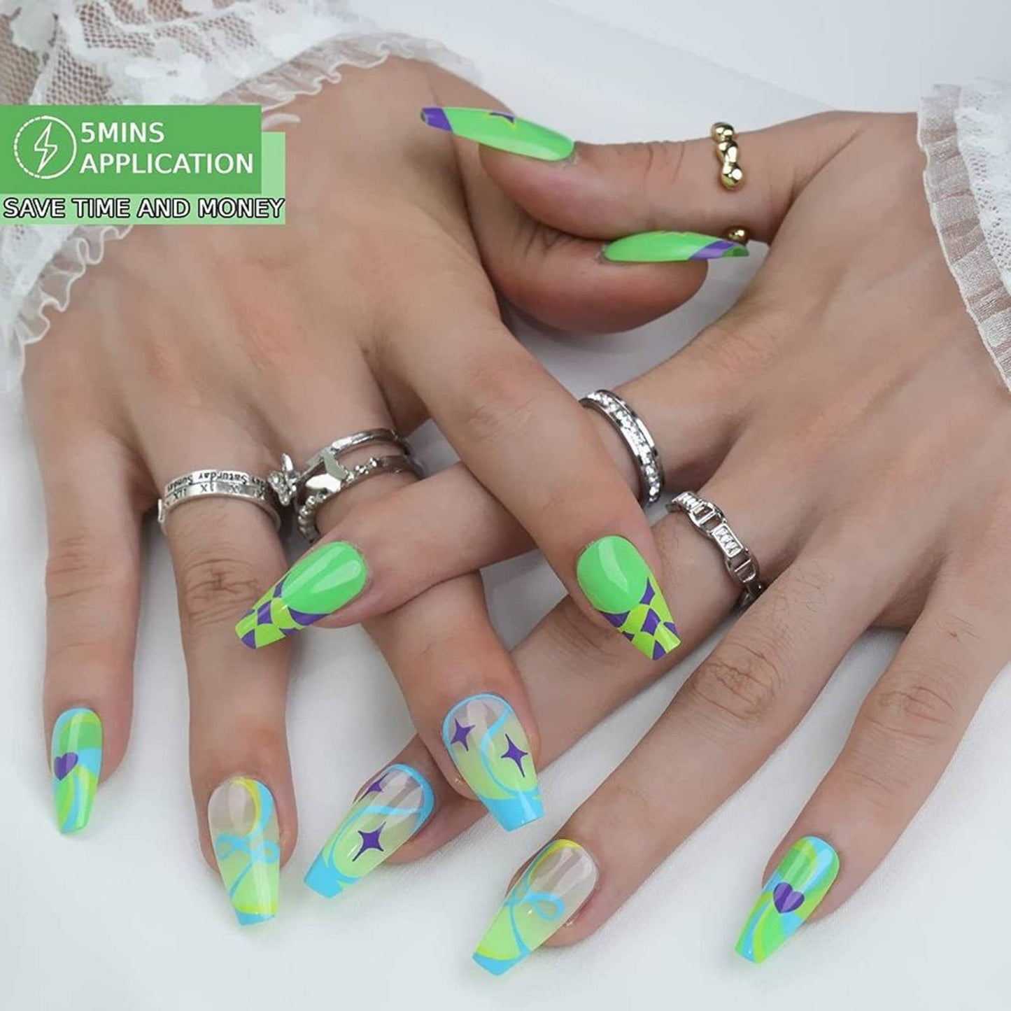 Press on nails French tip Medium Coffin Nails Green False Nails
