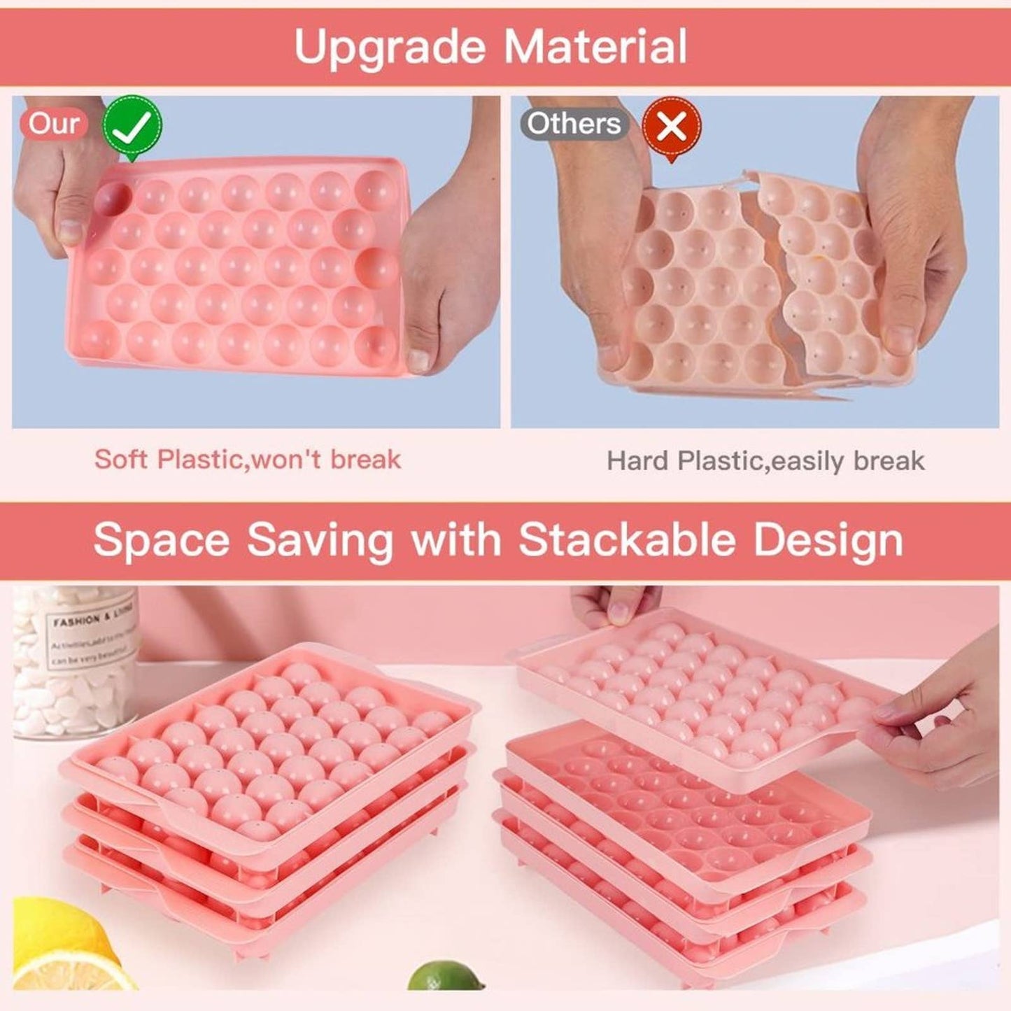 Ice Cube Tray 3 Pack, Upgraded Easy Release Round Ice Cube Trays, Stackable Ice