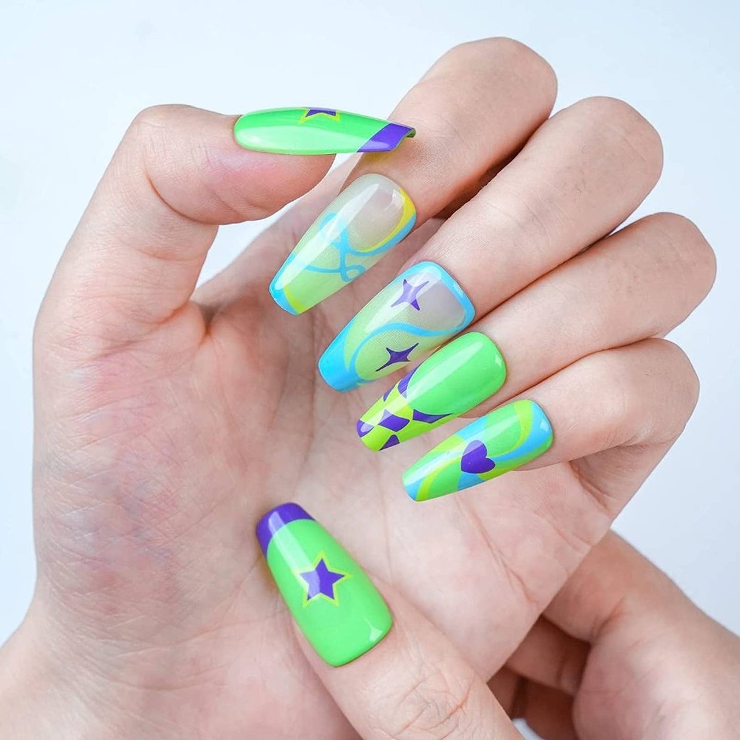Press on nails French tip Medium Coffin Nails Green False Nails