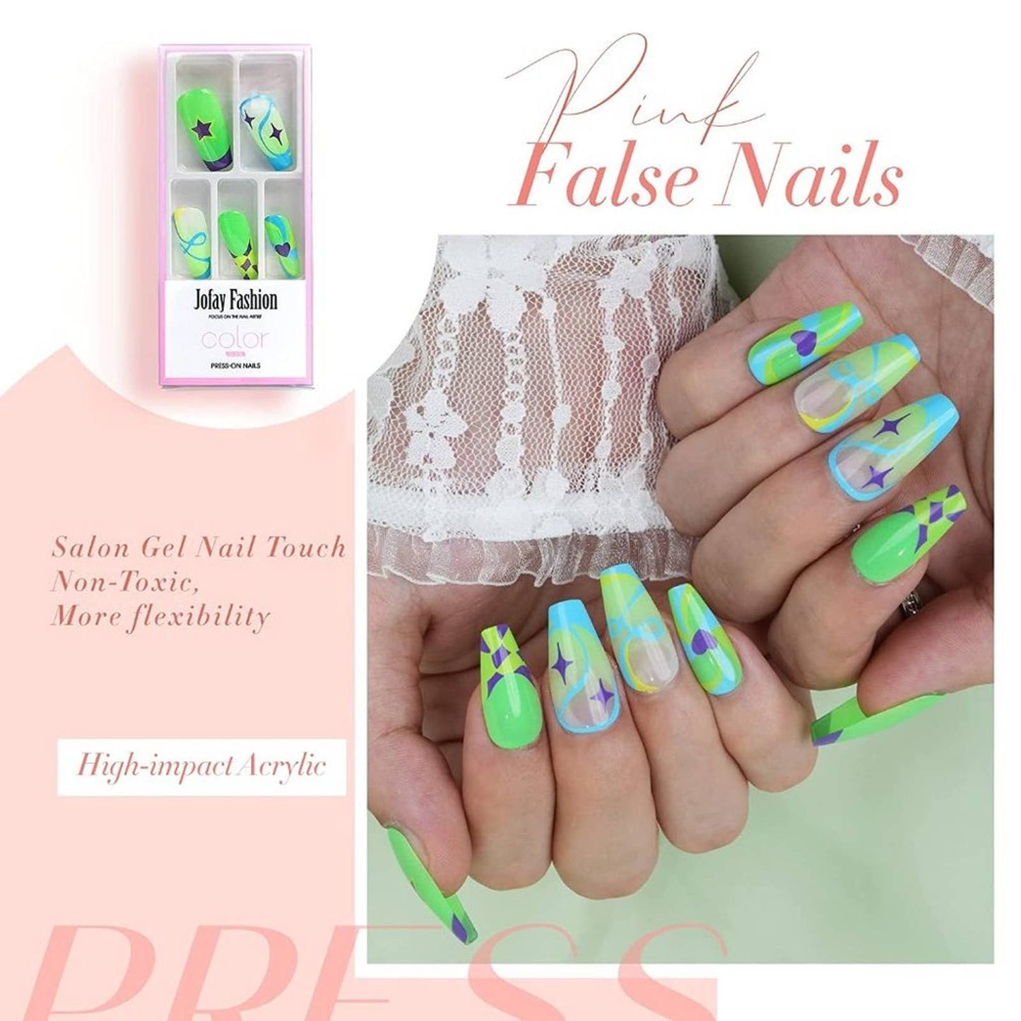 Press on nails French tip Medium Coffin Nails Green False Nails