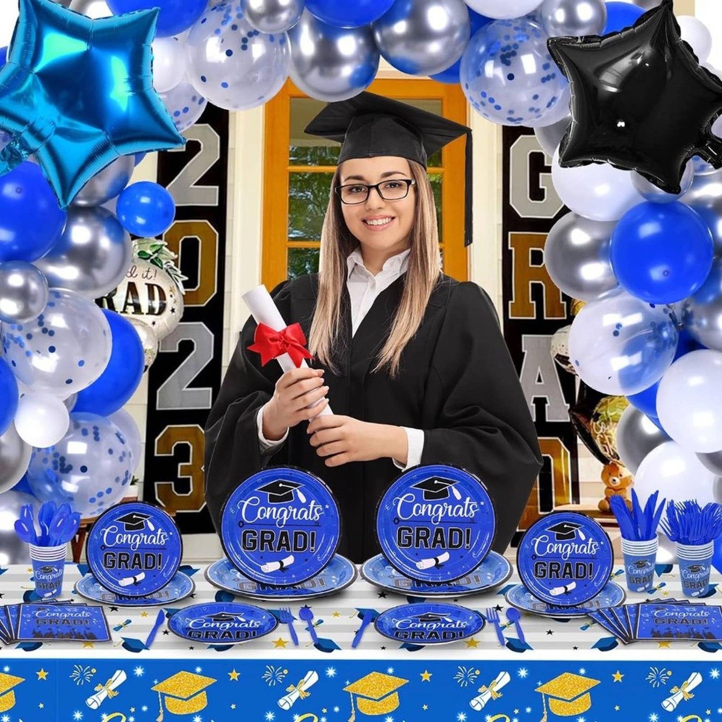 CACOLULU Graduation Decorations Class of 2023-260Pcs Blue and Silver Graduation