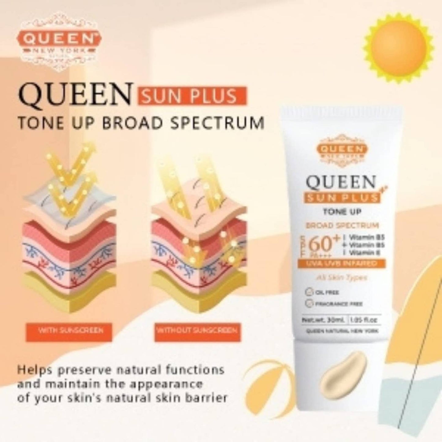 QUEEN SUN PLUS | TONE UP Sunscreen SPF 60 Primer-Anti Aging 1.05 fl. oz.