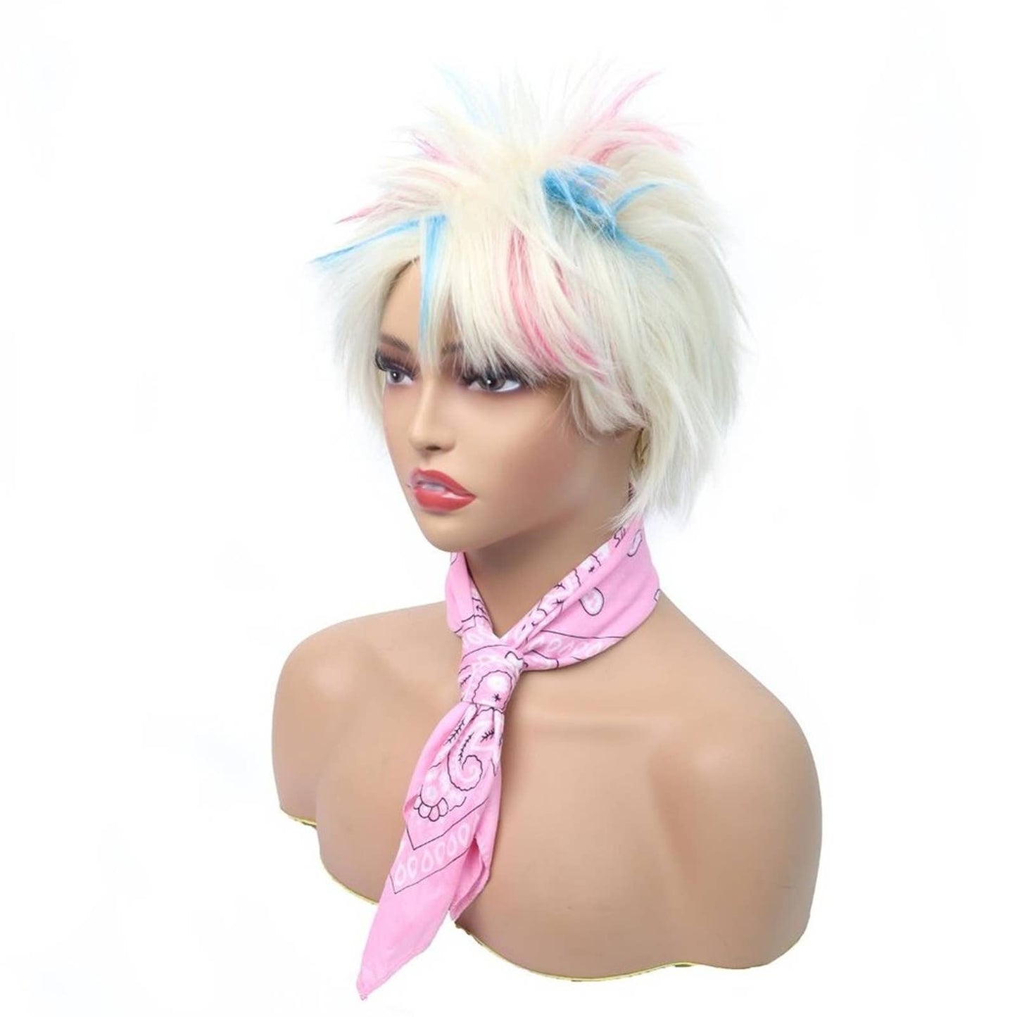 Short Blonde Wigs for Women Highlight Pink & Blue Wigs with Bandana and Glasses