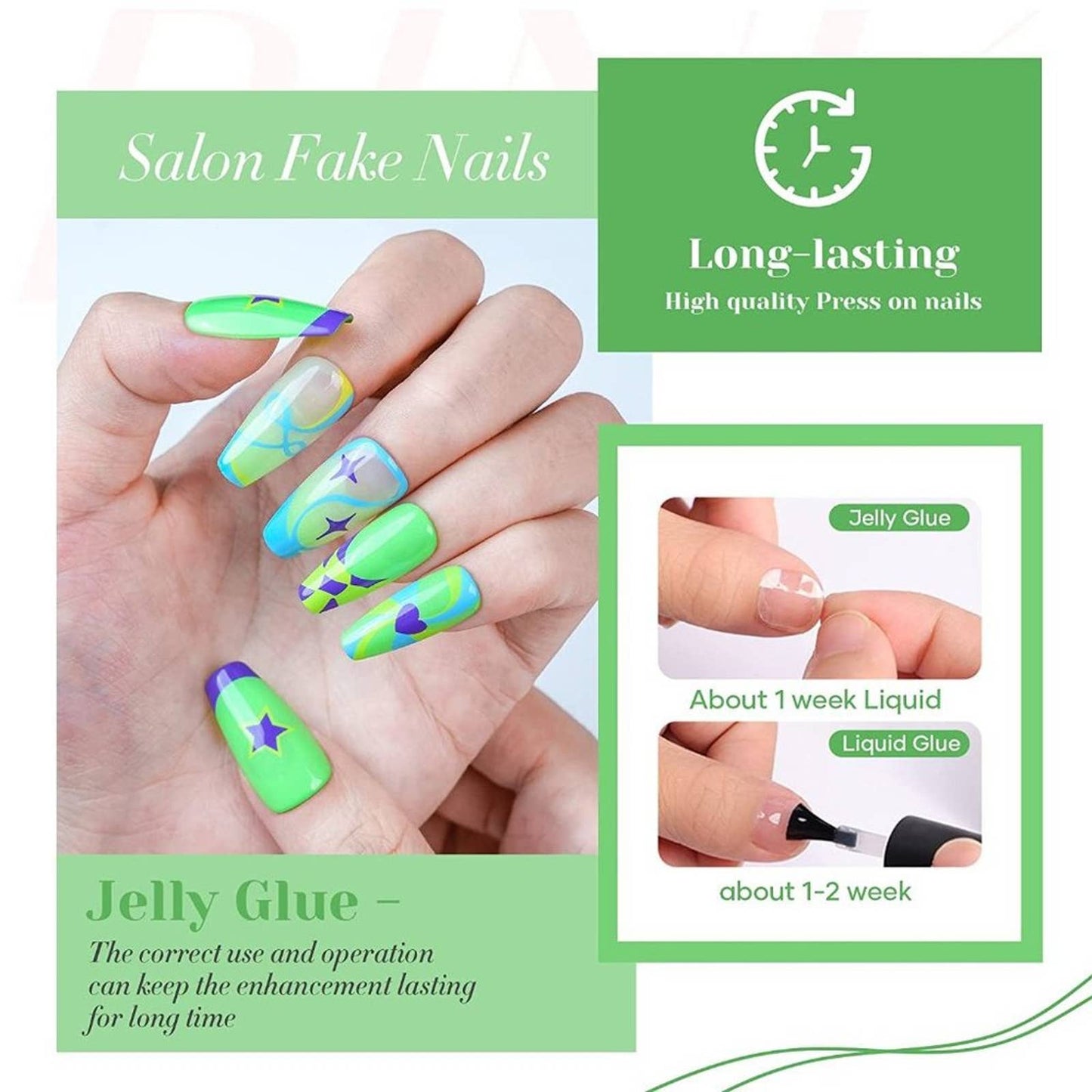 Press on nails French tip Medium Coffin Nails Green False Nails