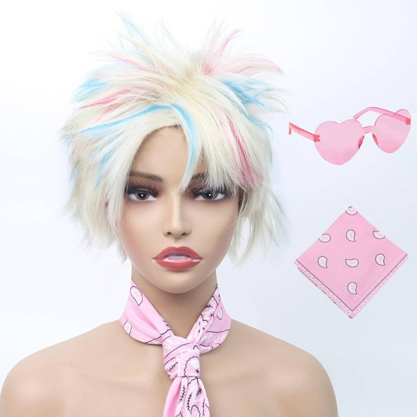 Short Blonde Wigs for Women Highlight Pink & Blue Wigs with Bandana and Glasses