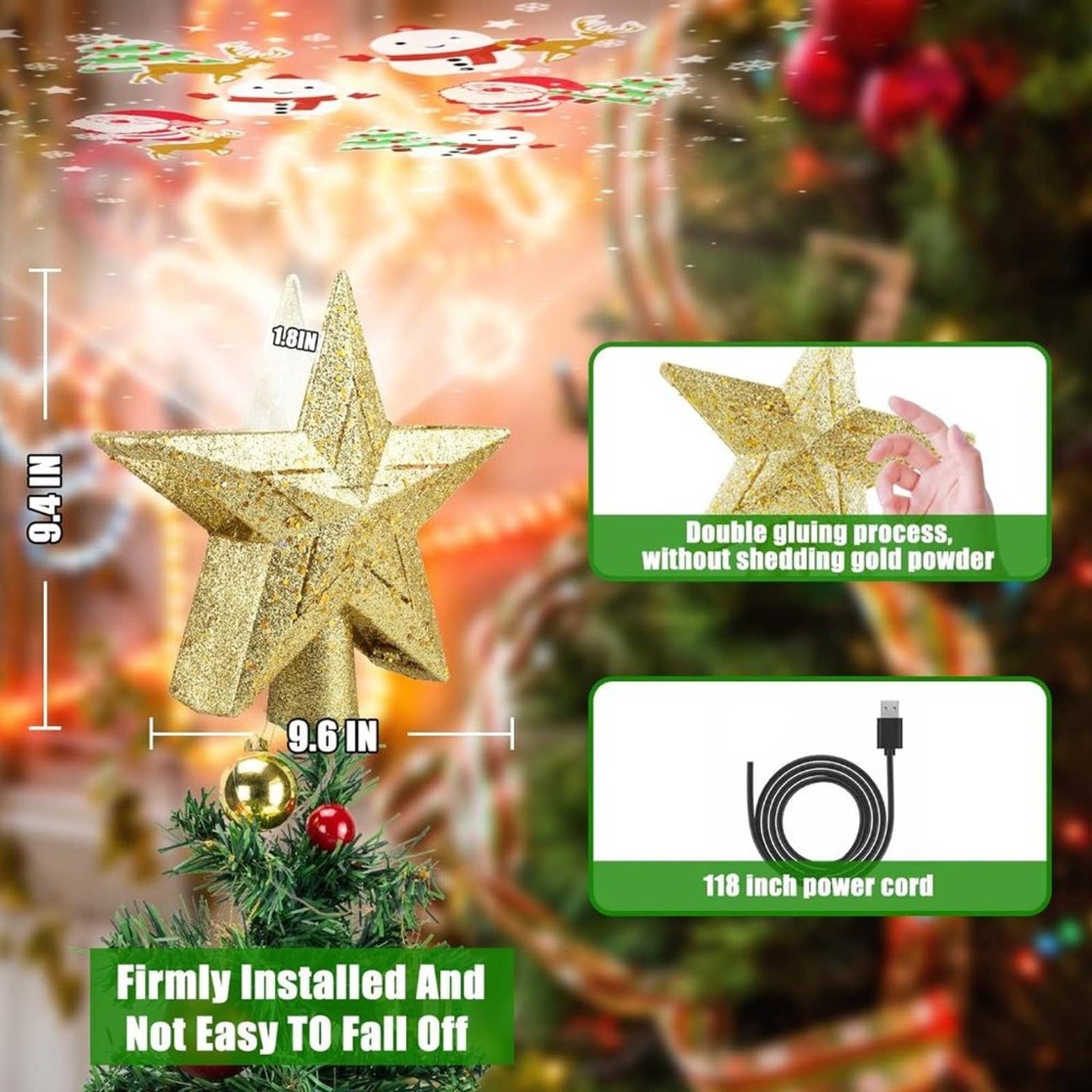 Christmas Tree Topper Lighted 3D Hollow Golden Star with Rotating Projection