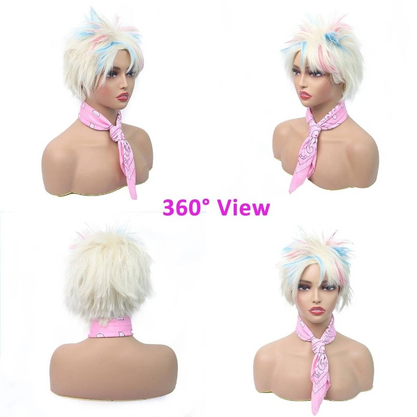 Short Blonde Wigs for Women Highlight Pink & Blue Wigs with Bandana and Glasses