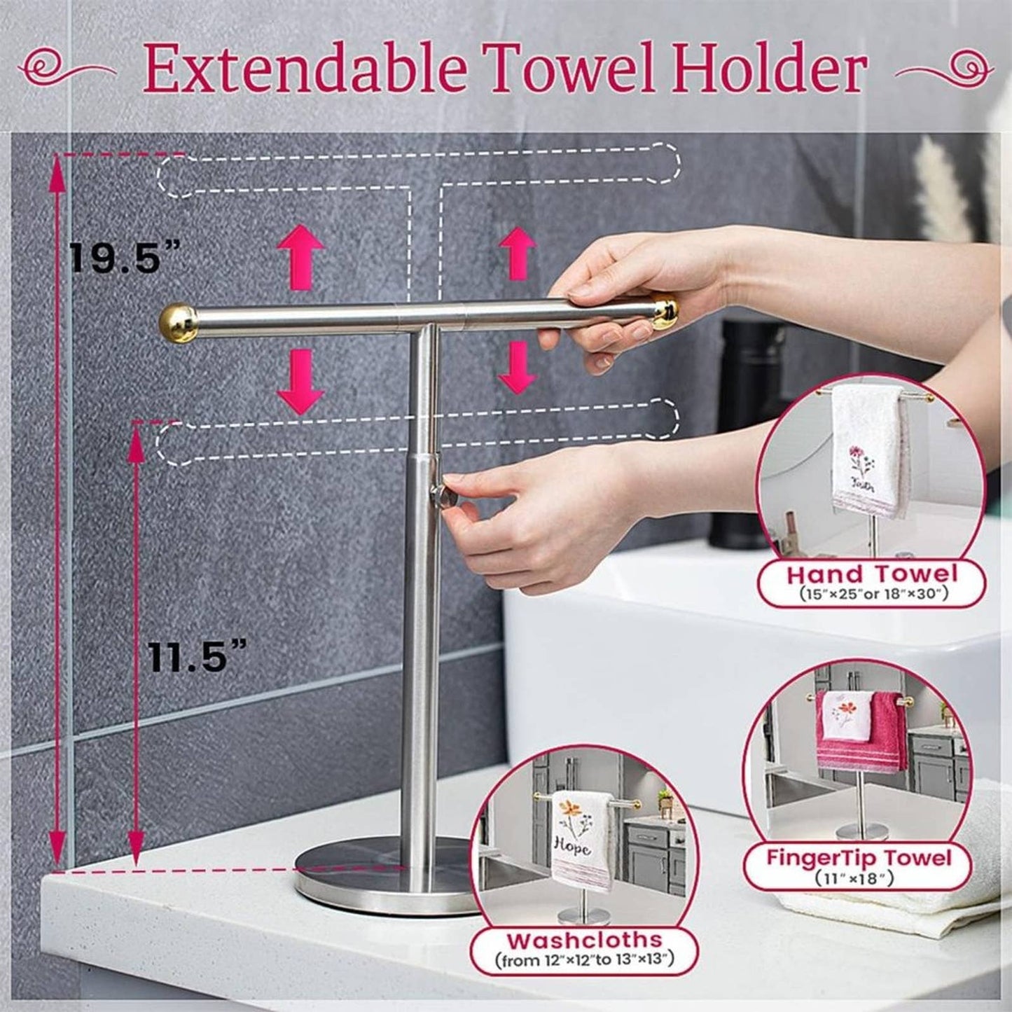 Hand Towel Stand for Bathroom Counter - Extendable 11.5-19.5” Anti-Rust Counter