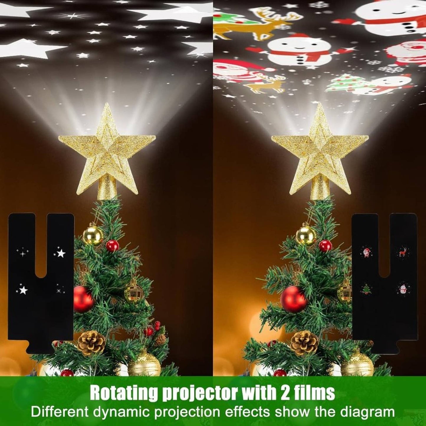 Christmas Tree Topper Lighted 3D Hollow Golden Star with Rotating Projection