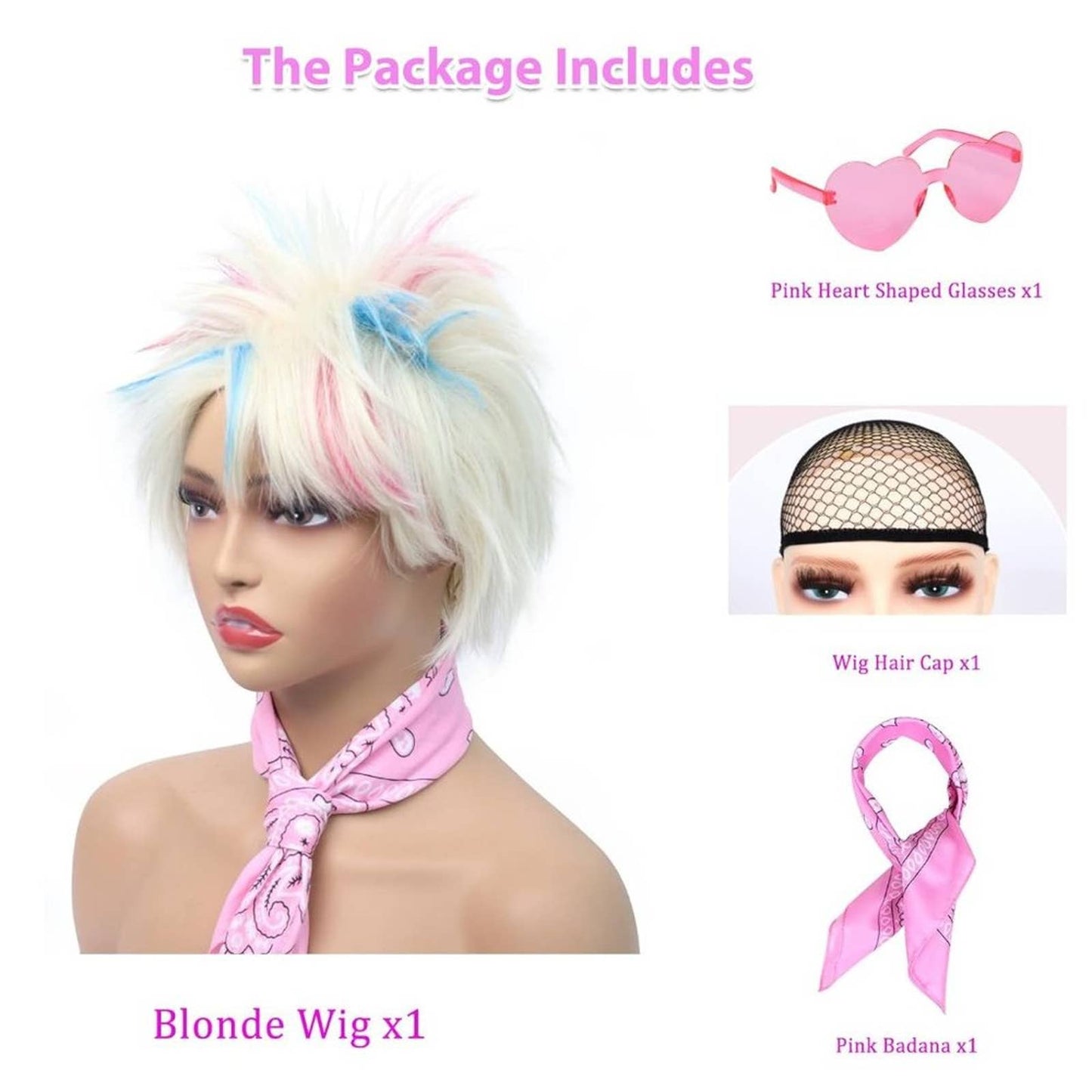 Short Blonde Wigs for Women Highlight Pink & Blue Wigs with Bandana and Glasses