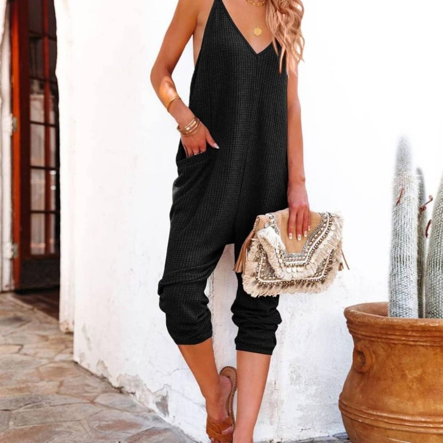 SM Febriajuce Womens Summer Sleeveless Loose Jumpsuits Casual V Neck Spaghetti