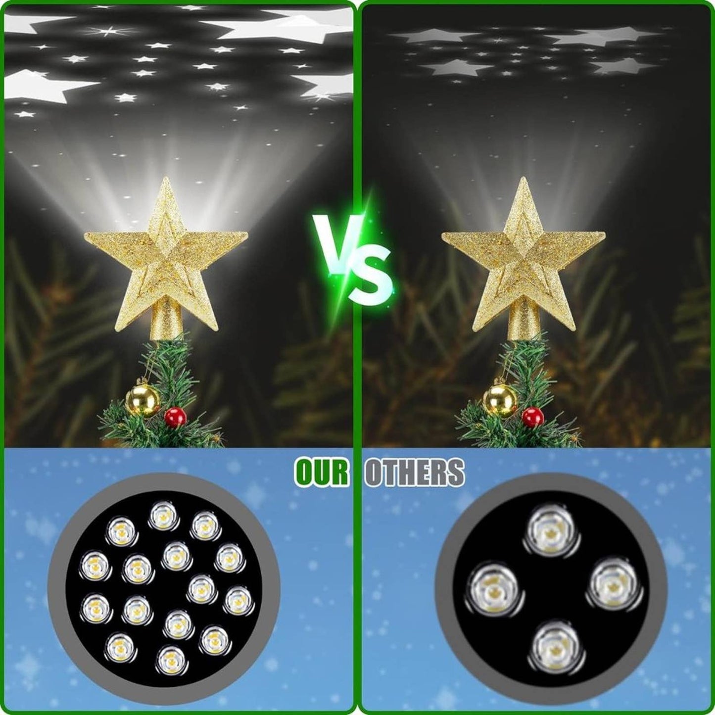 Christmas Tree Topper Lighted 3D Hollow Golden Star with Rotating Projection
