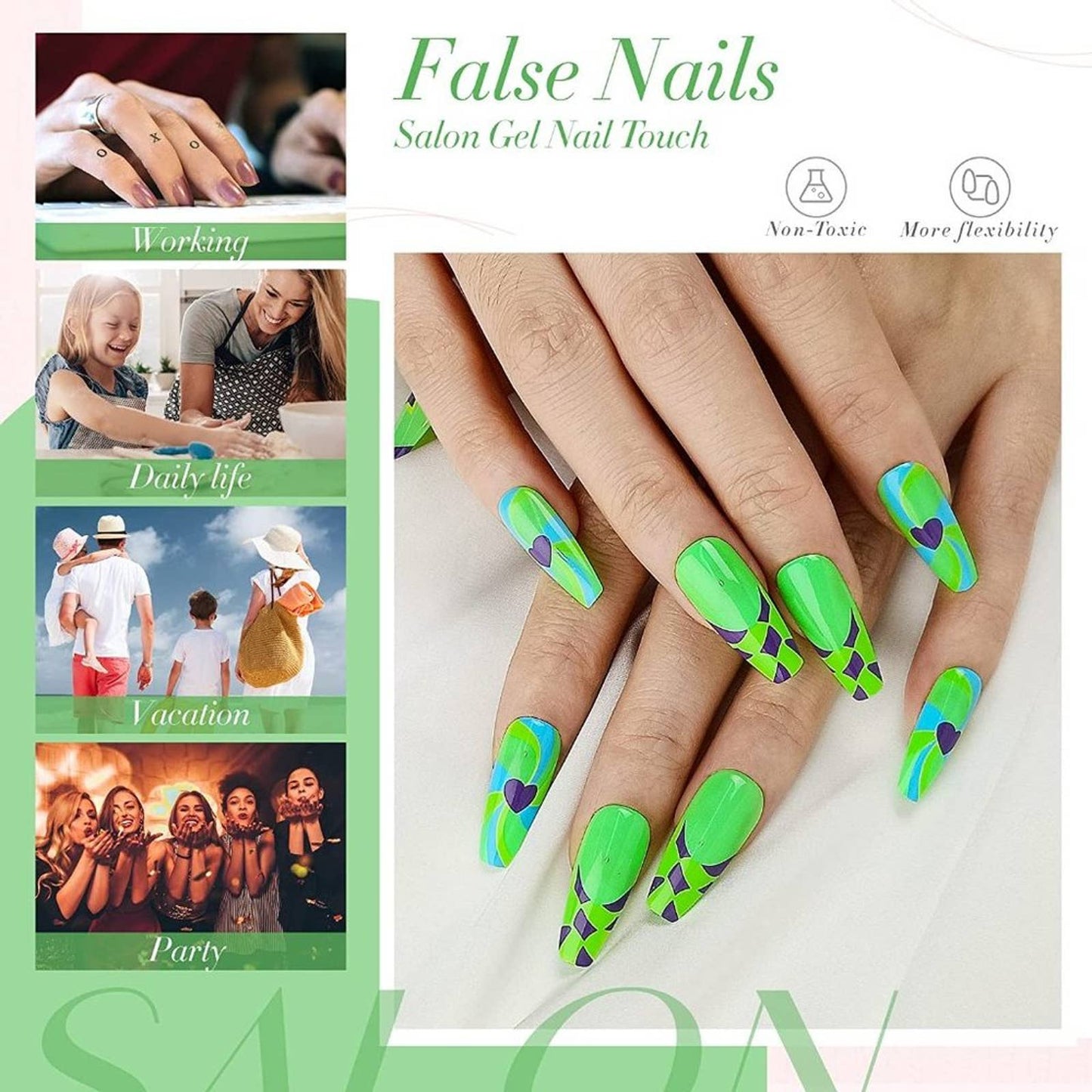 Press on nails French tip Medium Coffin Nails Green False Nails