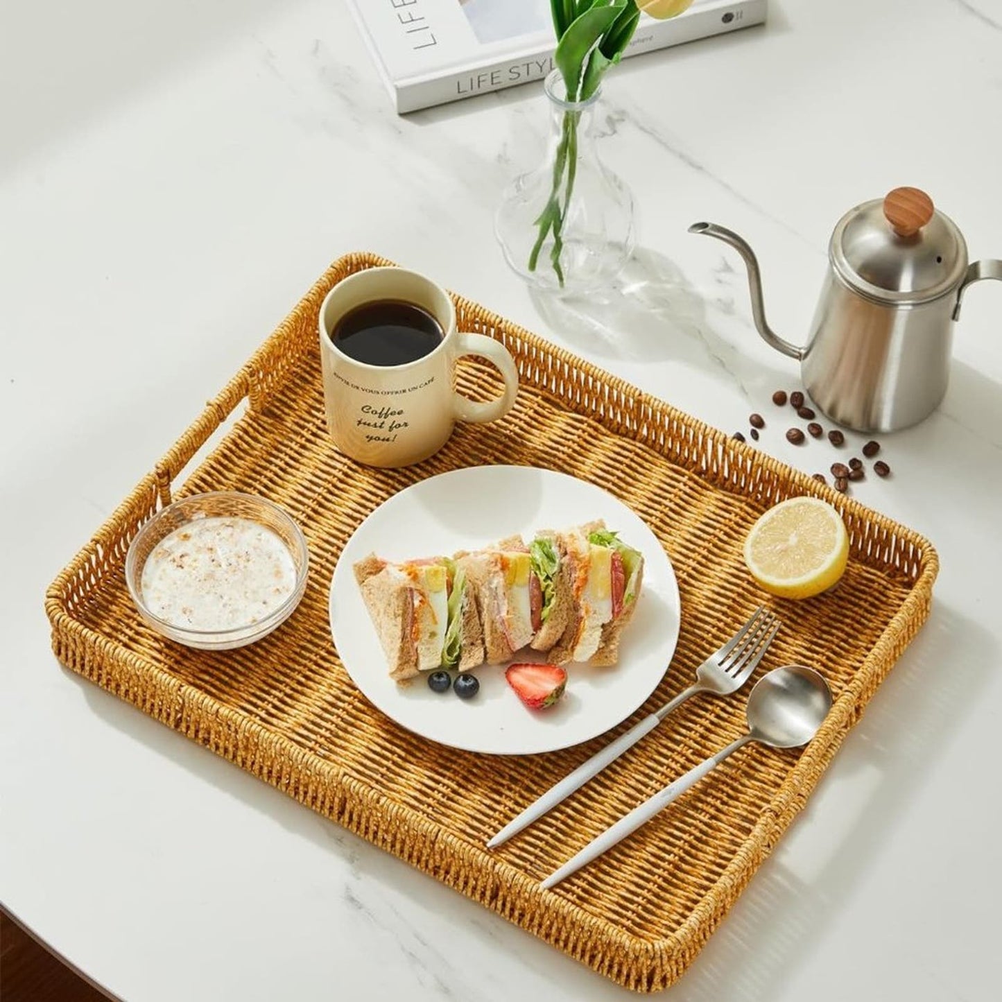 Berdeng Large Plastic Serving Tray with Handles, Outdoor Serving Tray, Rectangle