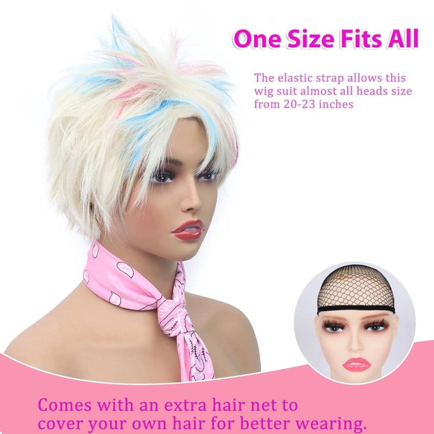 Short Blonde Wigs for Women Highlight Pink & Blue Wigs with Bandana and Glasses