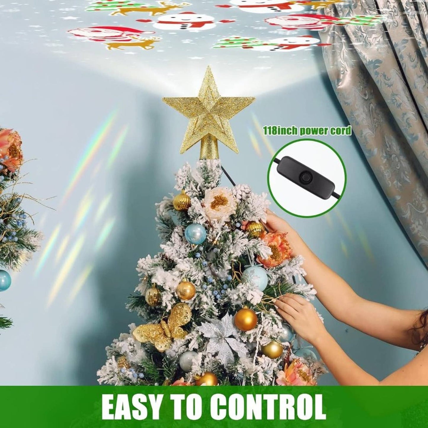 Christmas Tree Topper Lighted 3D Hollow Golden Star with Rotating Projection
