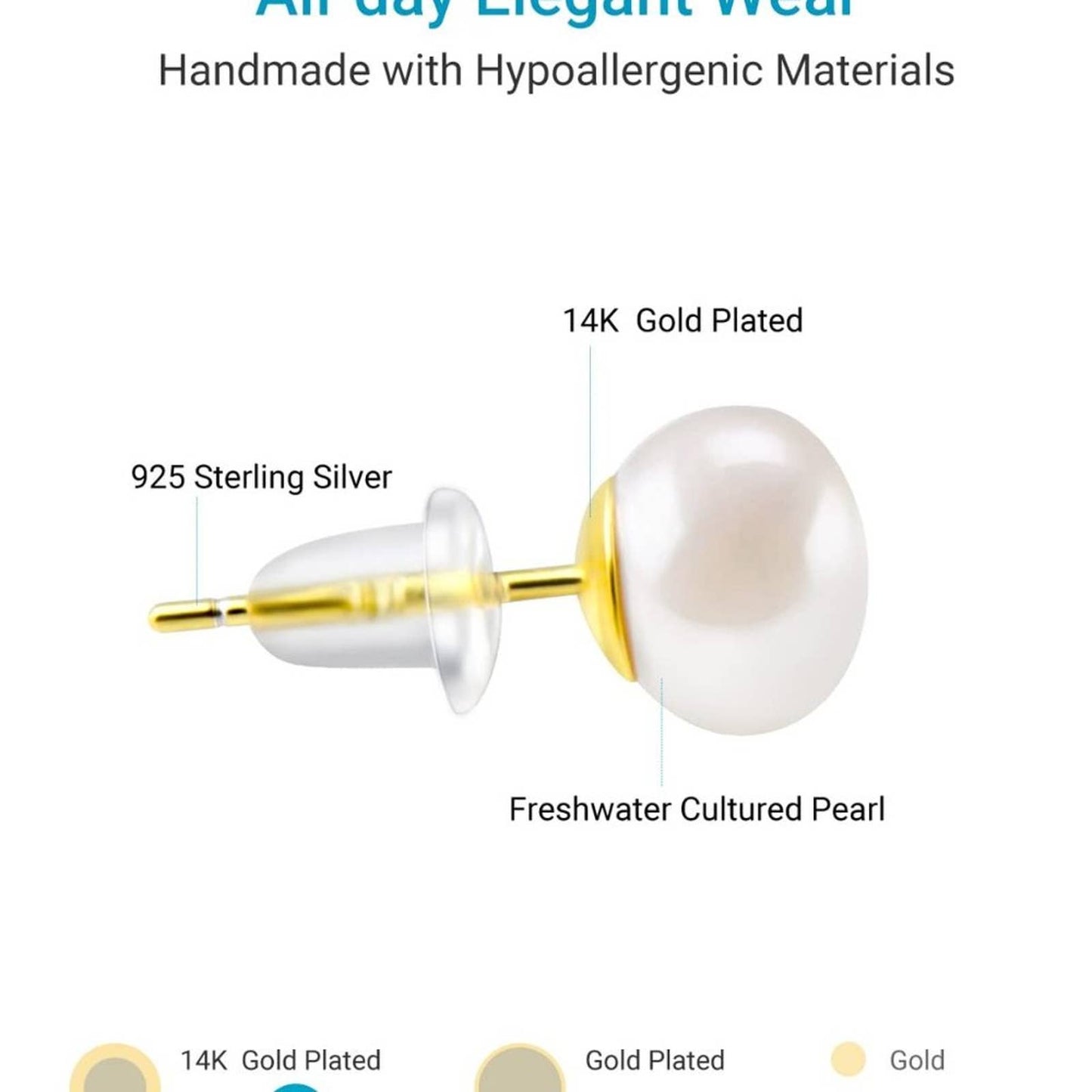 JG 14K Gold Plated Stud Pearl Earrings 925 Sterling Silver Post Quality