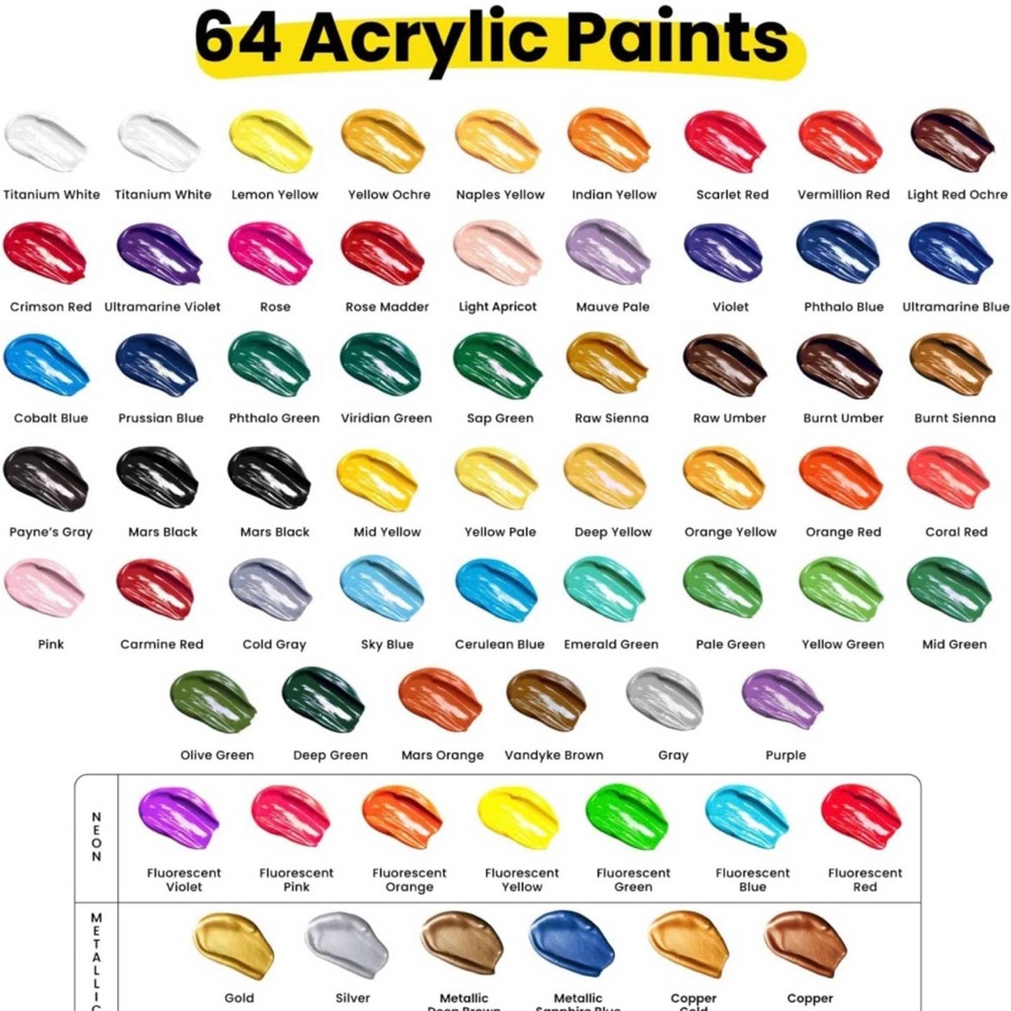 Acrylic Paint Set-64 Acrylic Tubes 22ml, 10 Art Brushes, Knife, Sponge & Palette