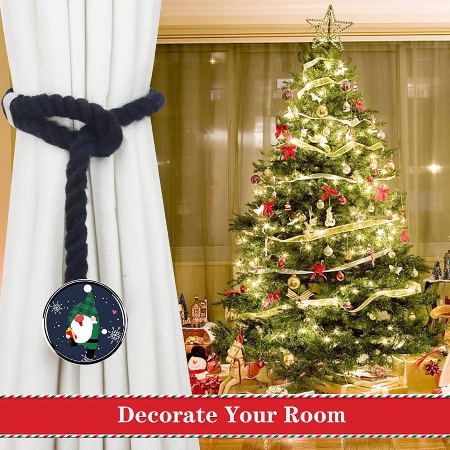 Porlau Christmas Curtain Tieback Cotton Rope Curtain Tie Backs, Navy