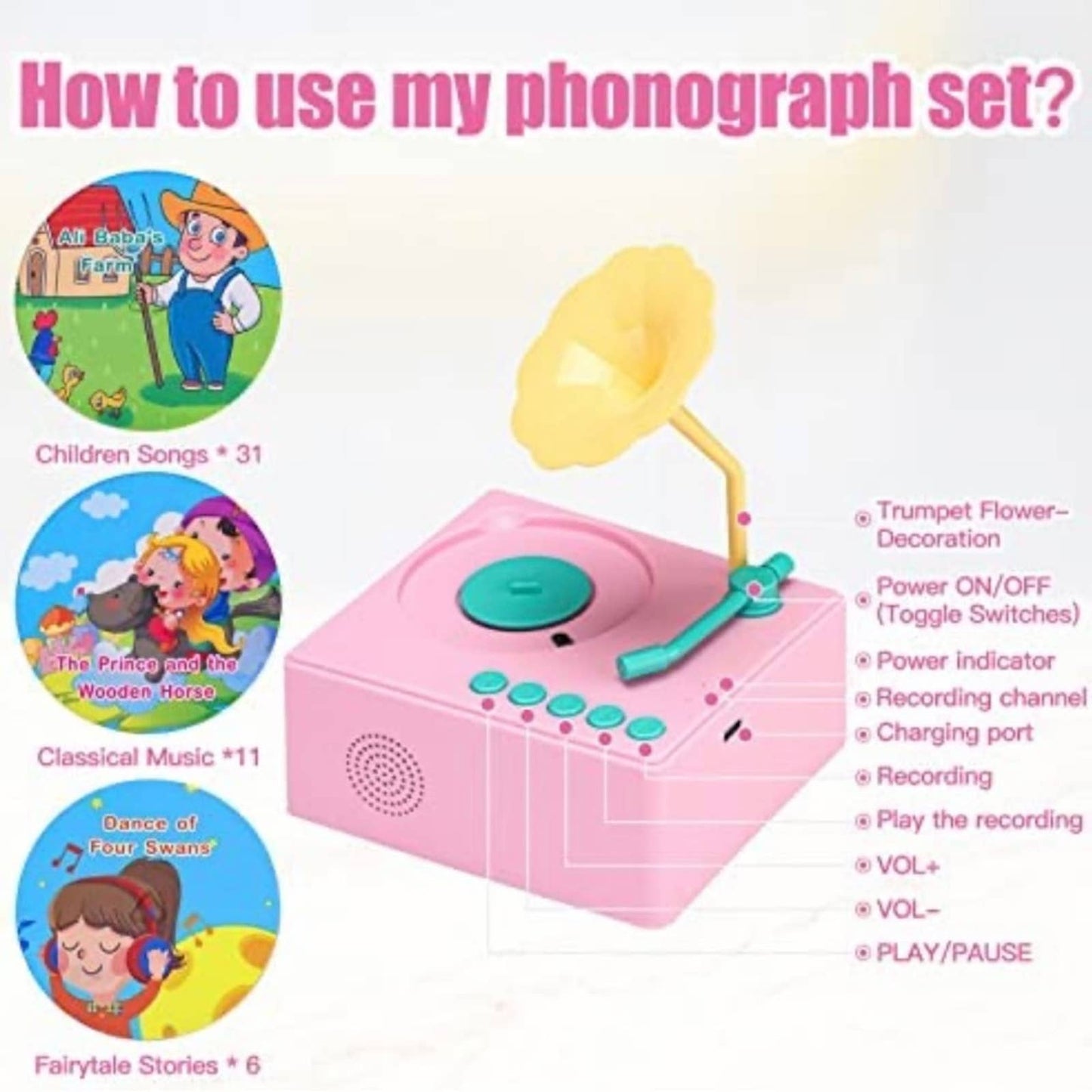 YLL Music Toys Kids Baby Phonograph Gift,Classic Record Player Set (Pink)