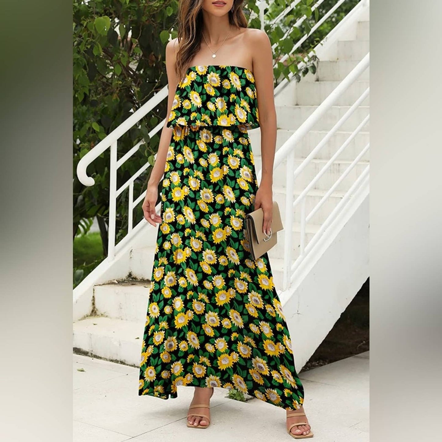ZMPSIISA Women's Summer Off The Shoulder Maxi Dress Ruffle Strapless Black LG