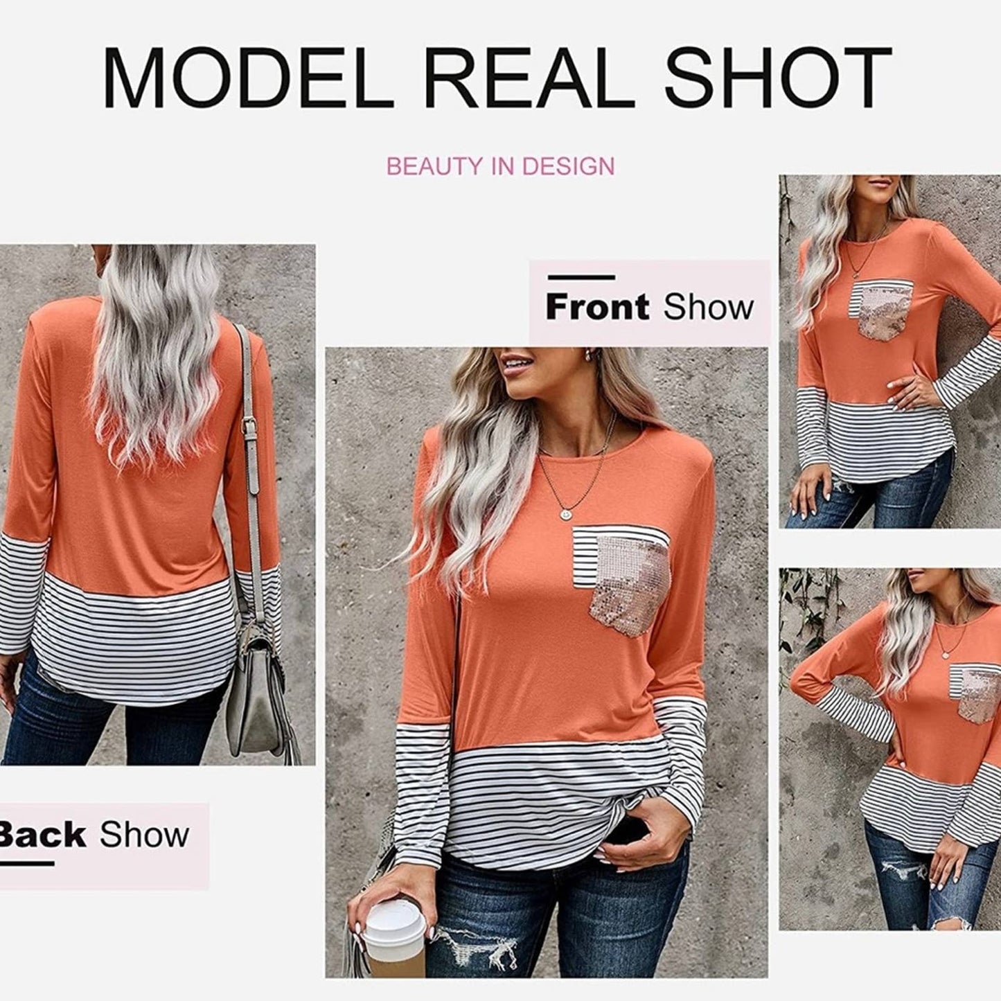 Women's Fashion Printed Orange Block Long Sleeve Tops Patch Pocket Tunic SM1