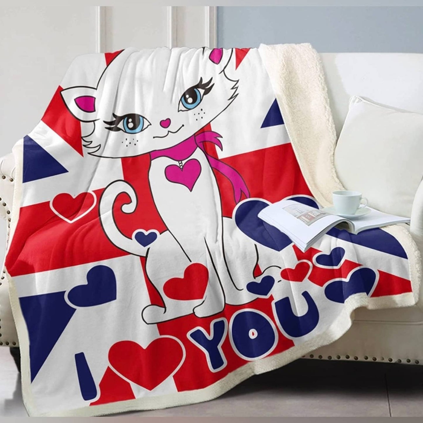 SOULZZZ Fuzzy Cat Sherpa Blanket Throw (British White Cat, 50x60 Inches)