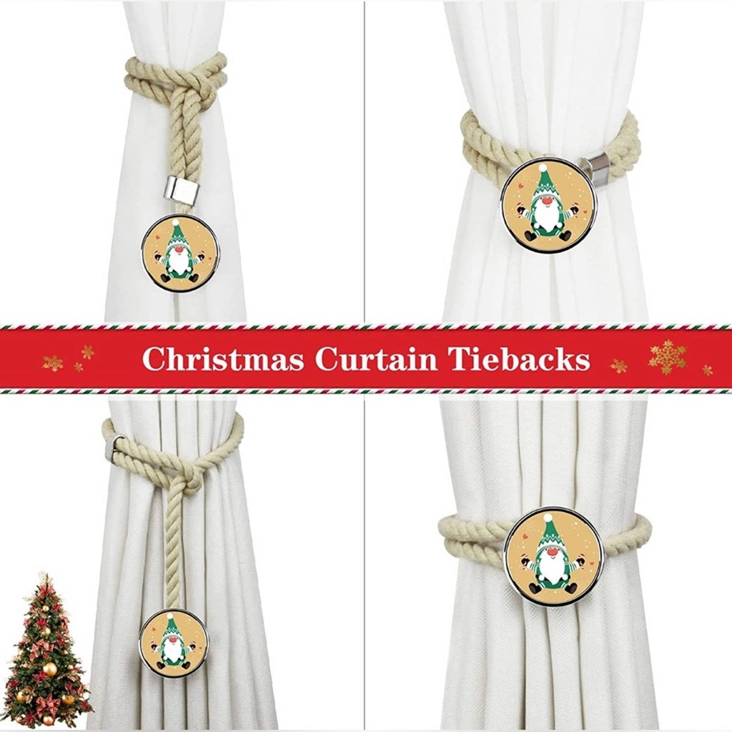Porlau Christmas Curtain Tieback Cotton Rope Curtain Tie Backs Santa Dark Beige