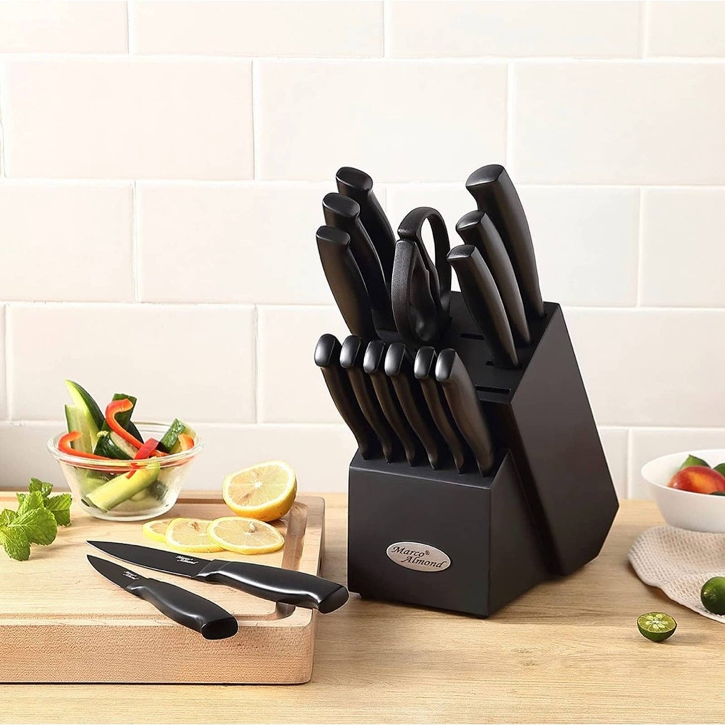 Marco Almond® Dishwasher Safe MA23 Black Kitchen Knife Set, 17 Pieces Stainless