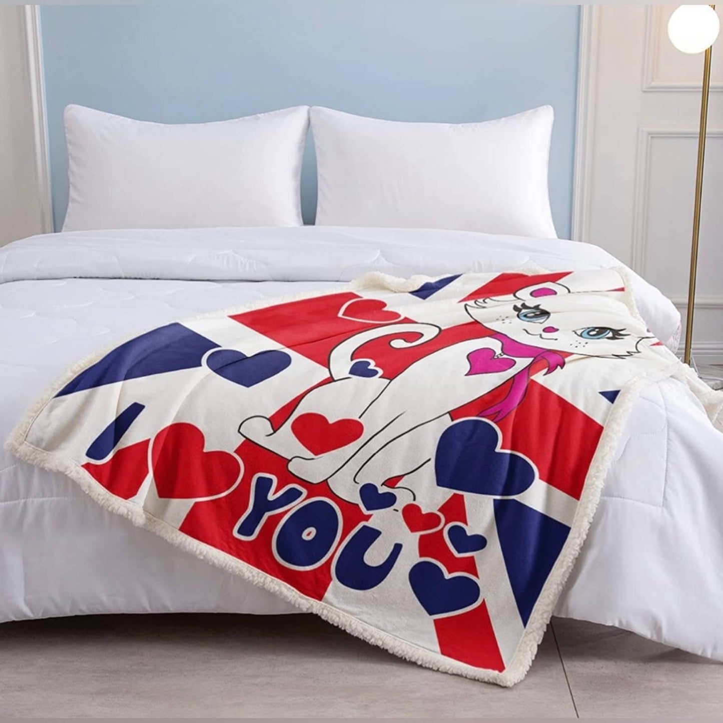SOULZZZ Fuzzy Cat Sherpa Blanket Throw (British White Cat, 50x60 Inches)