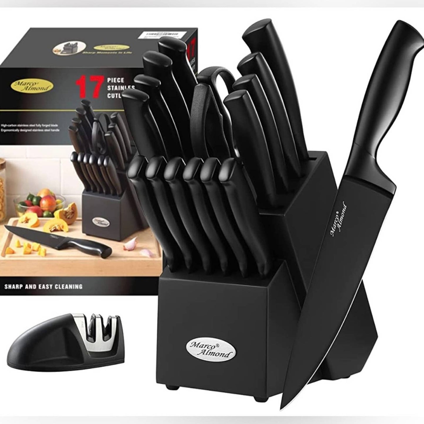 Marco Almond® Dishwasher Safe MA23 Black Kitchen Knife Set, 17 Pieces Stainless