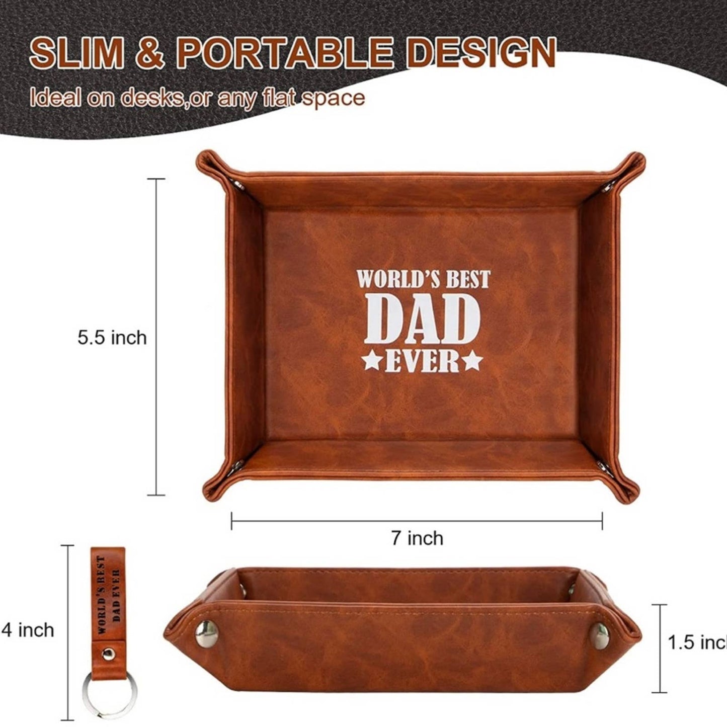 Gifts for Dad, World's Best Dad Ever Leather Key Valet Tray, Brown