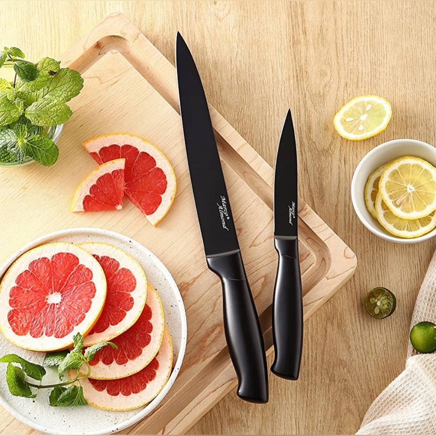 Marco Almond® Dishwasher Safe MA23 Black Kitchen Knife Set, 17 Pieces Stainless