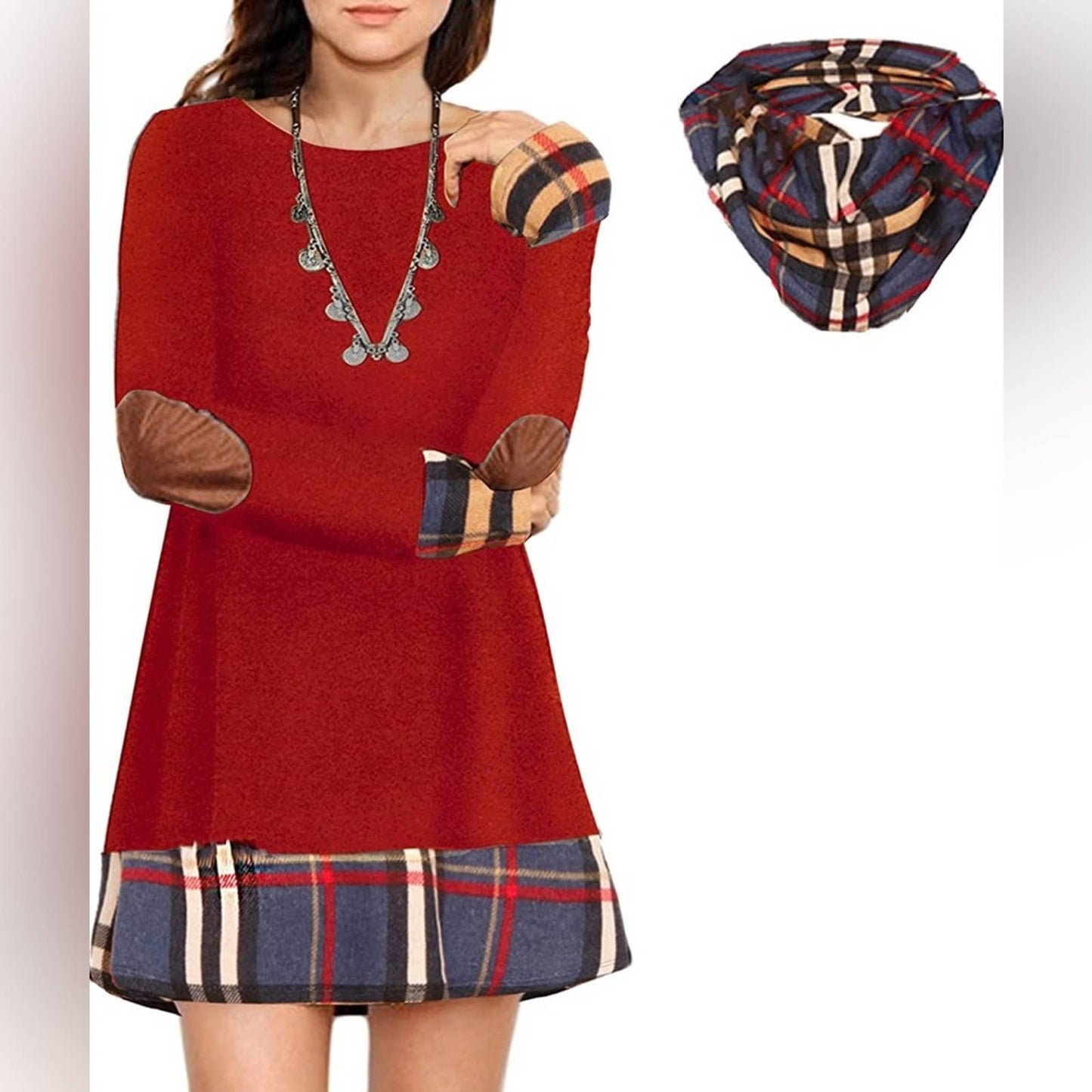 Womens Casual Sweater Tunic Dress Long Sleeve Plaid Patchwork Sweater Dress 2pc Consign