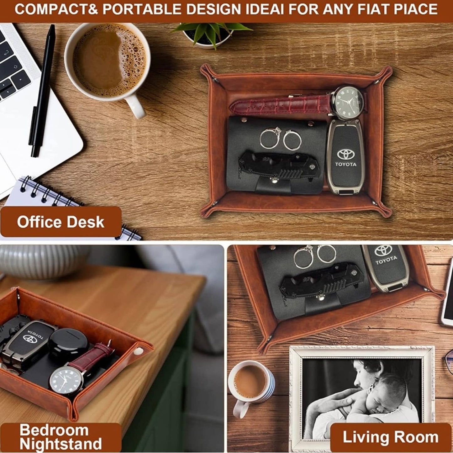 Gifts for Dad, World's Best Dad Ever Leather Key Valet Tray, Brown