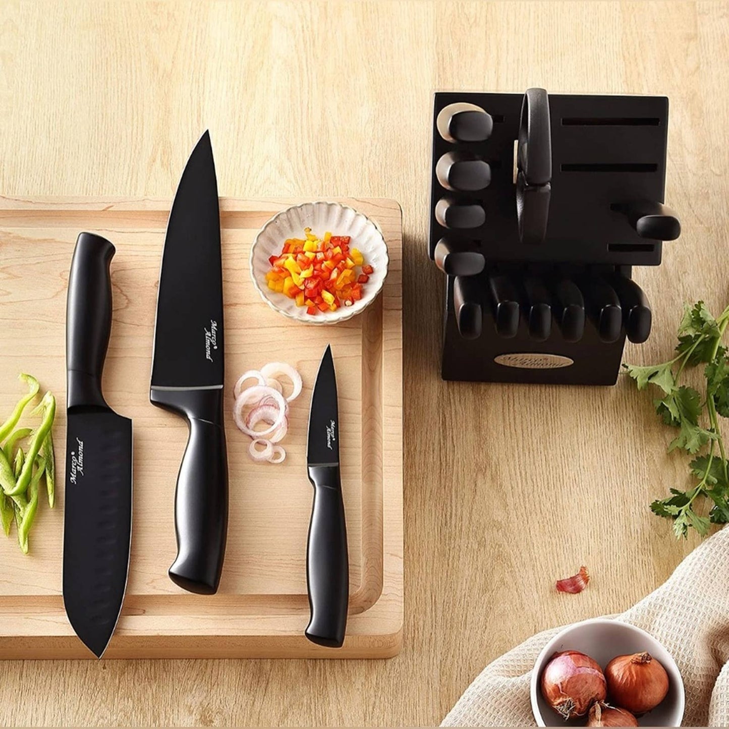 Marco Almond® Dishwasher Safe MA23 Black Kitchen Knife Set, 17 Pieces Stainless