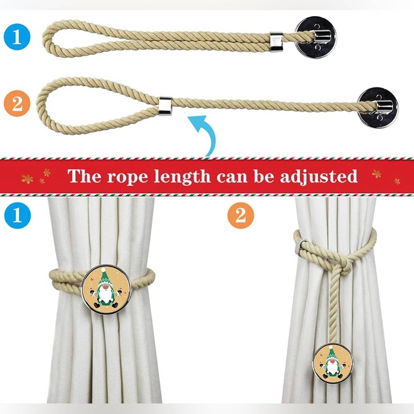 Porlau Christmas Curtain Tieback Cotton Rope Curtain Tie Backs Santa Dark Beige