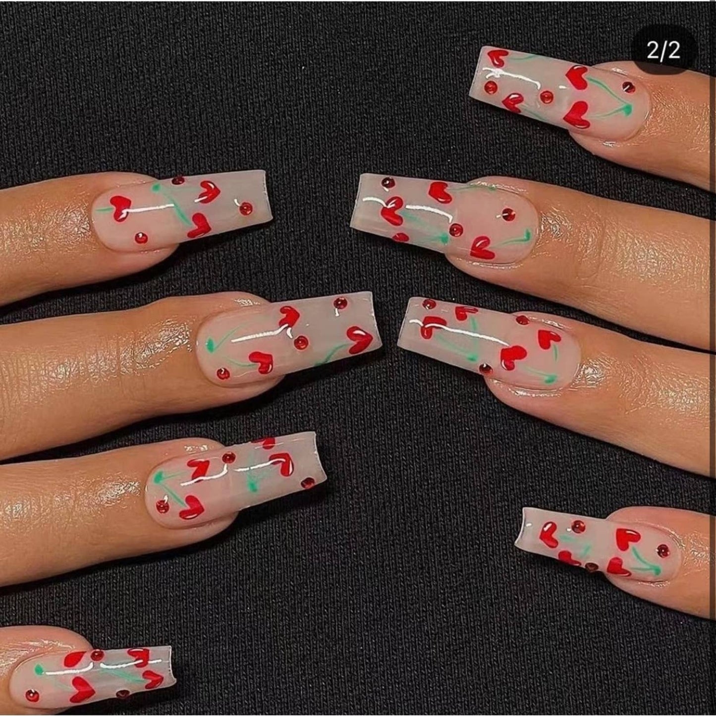 Glossy Press on Nails Long With Red Cherry Glitter Red With Nail Glue 24 PCS