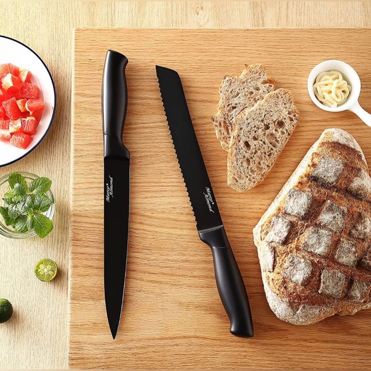 Marco Almond® Dishwasher Safe MA23 Black Kitchen Knife Set, 17 Pieces Stainless