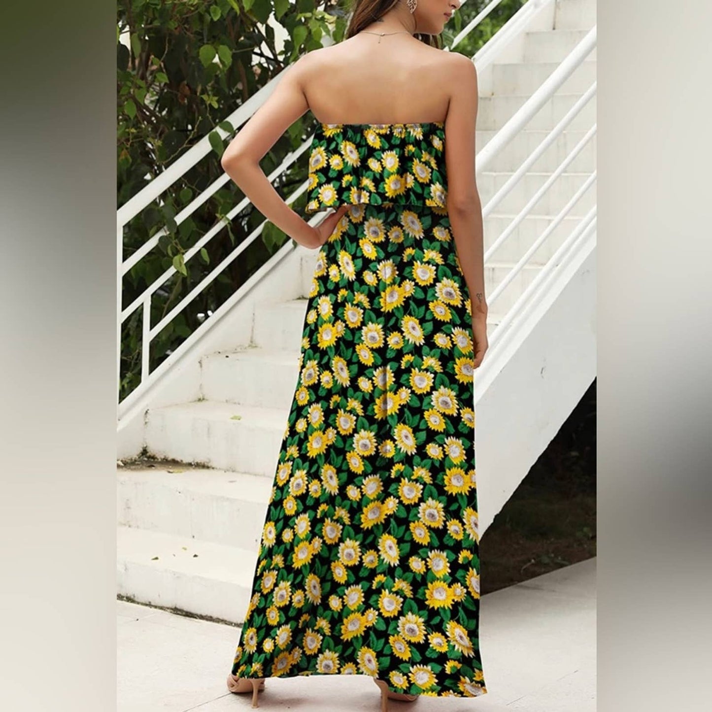 ZMPSIISA Women's Summer Off The Shoulder Maxi Dress Ruffle Strapless Black LG