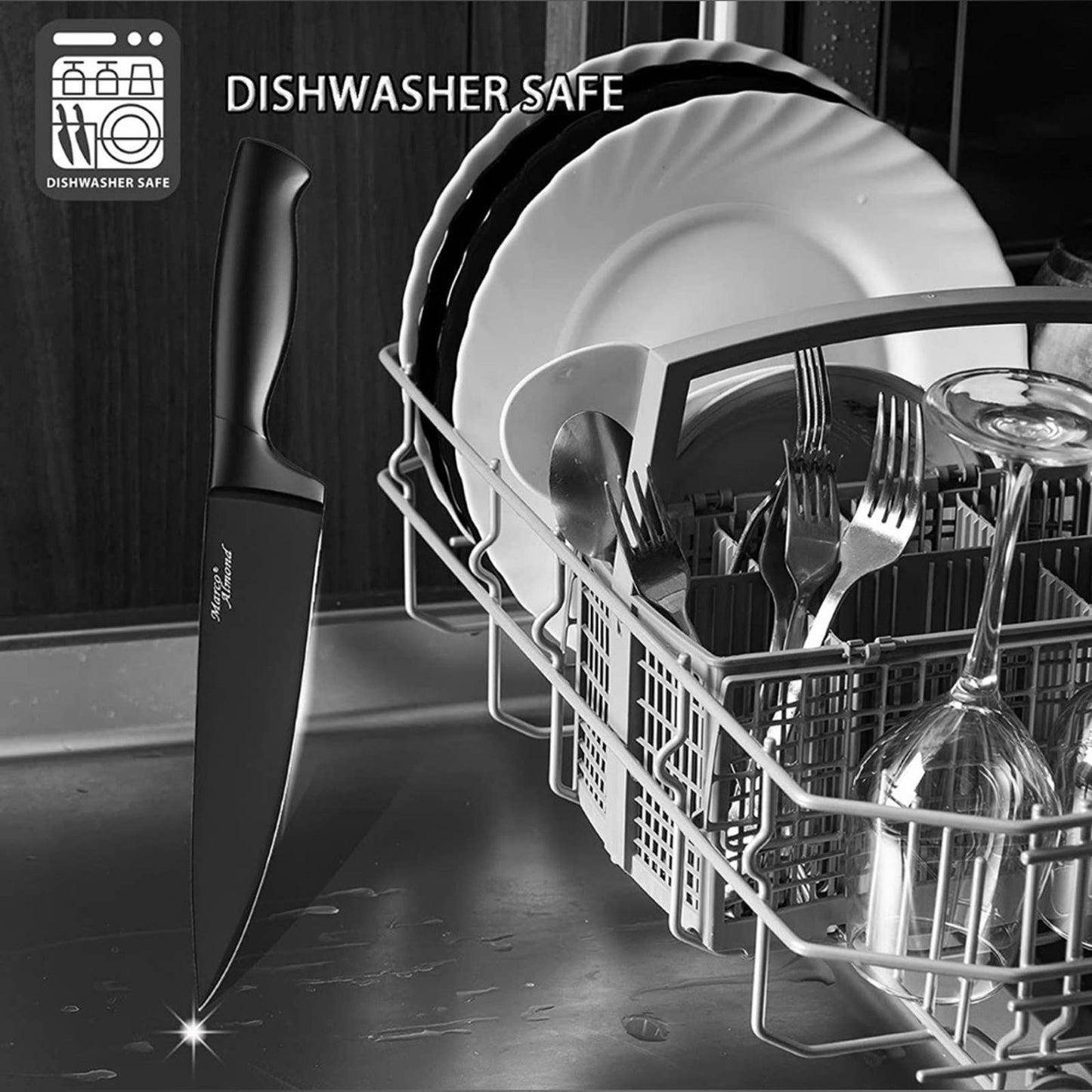 Marco Almond® Dishwasher Safe MA23 Black Kitchen Knife Set, 17 Pieces Stainless