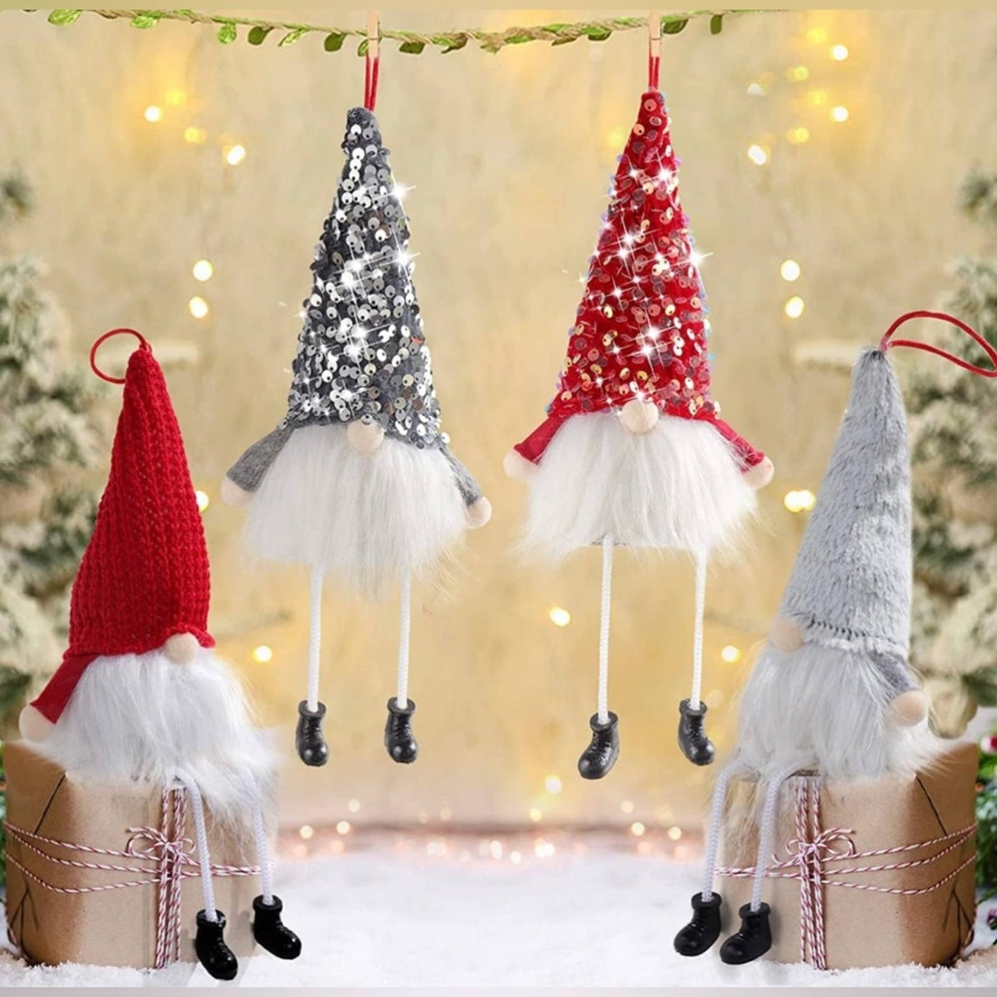 Aivanart Christmas Gnomes Ornament, Hanging Xmas Sequins Tree Ornaments Set of 4