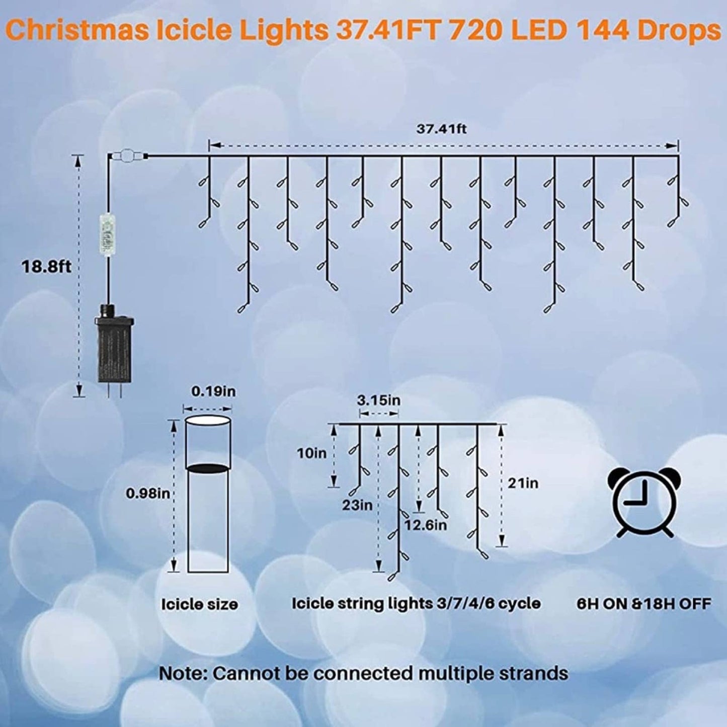 Christmas Icicle Lights Outdoor 37.41Ft 720 LED 144 Drops, Cold White