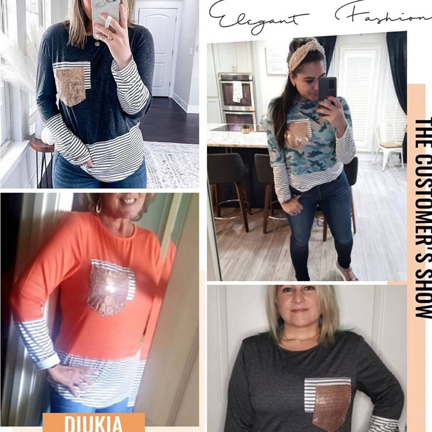Women's Fashion Printed Orange Block Long Sleeve Tops Patch Pocket Tunic LG