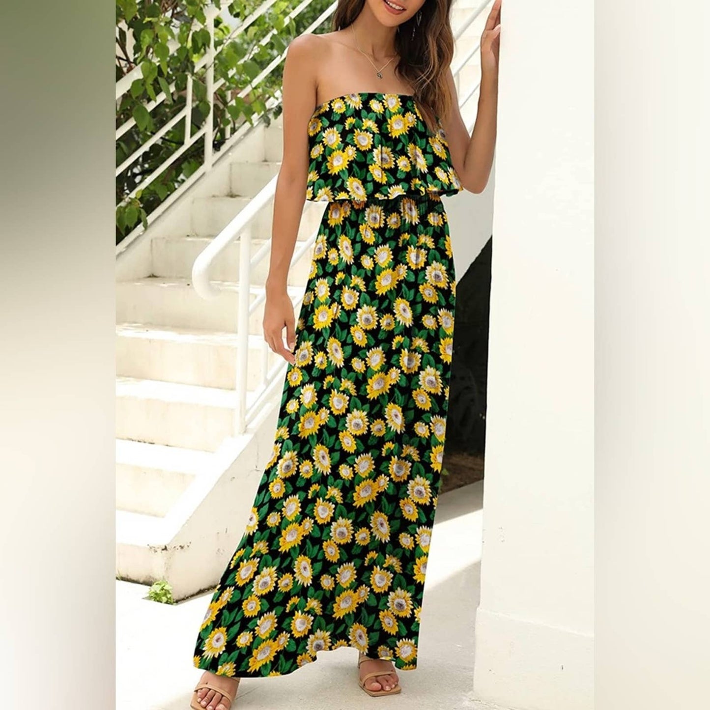 ZMPSIISA Women's Summer Off The Shoulder Maxi Dress Ruffle Strapless Black LG