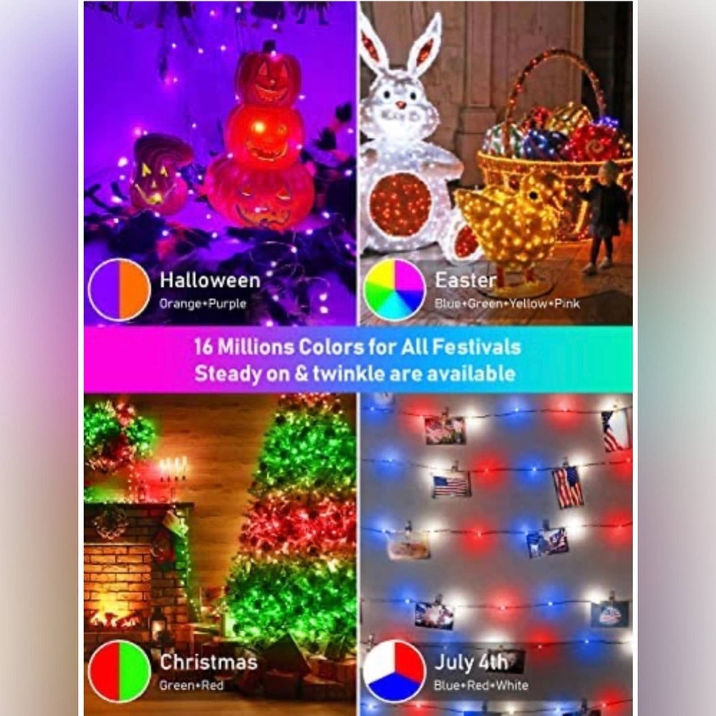 Fairy Lights Custom Mode 16’ Christmas App Control RGB Color Changing Mu…