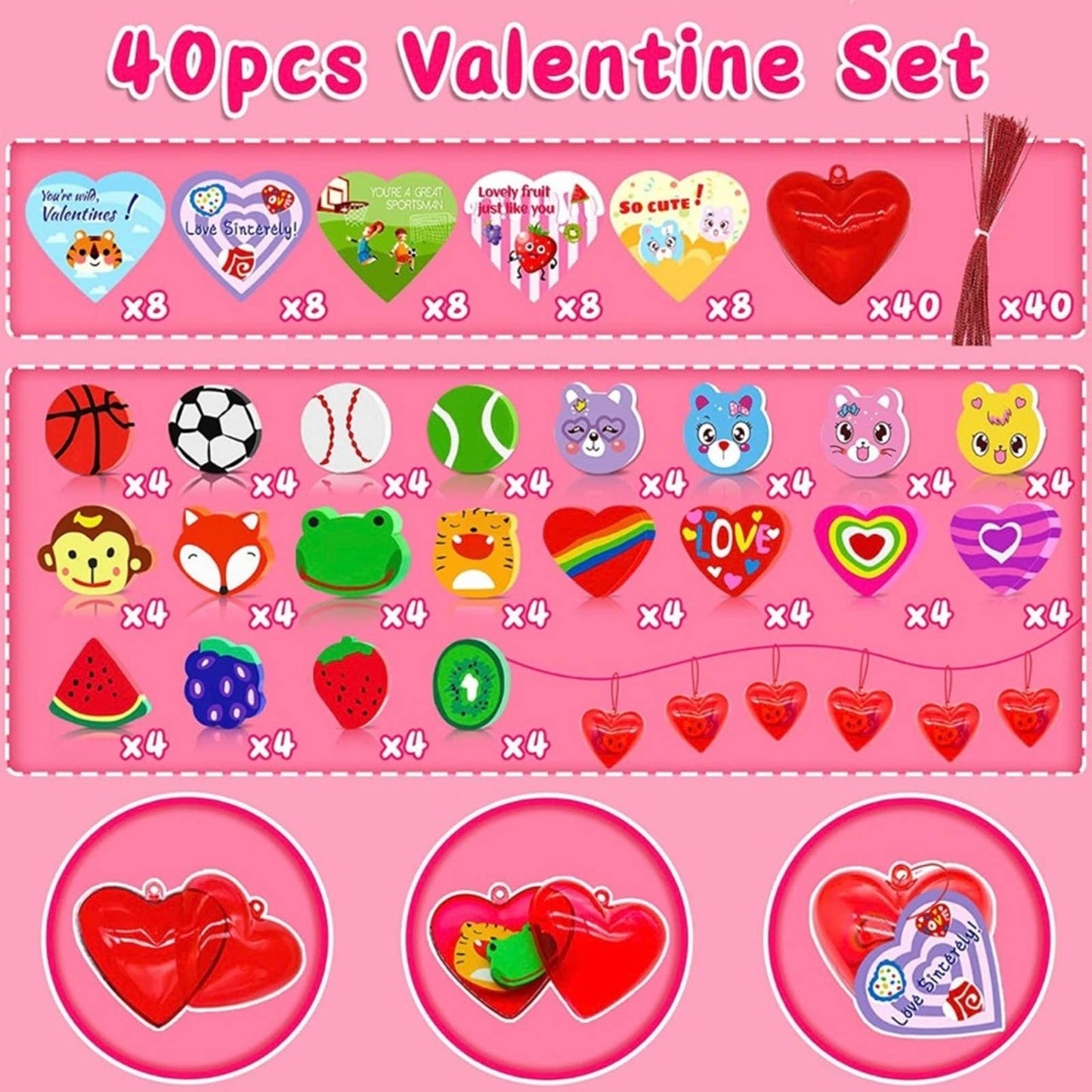 Valentines Day Gifts for Kids-40 Valentine Cards for Kids 80 Mini Erasers