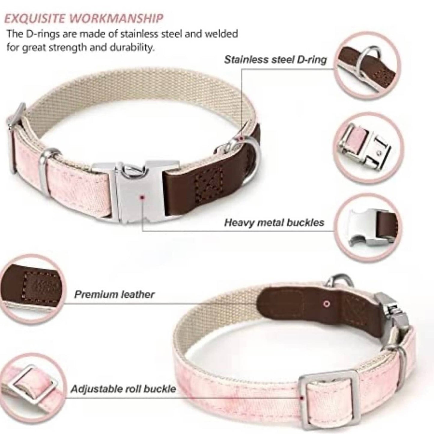 MOBA Pet Dog Collar Durable Metal Buckle for Medium Pink