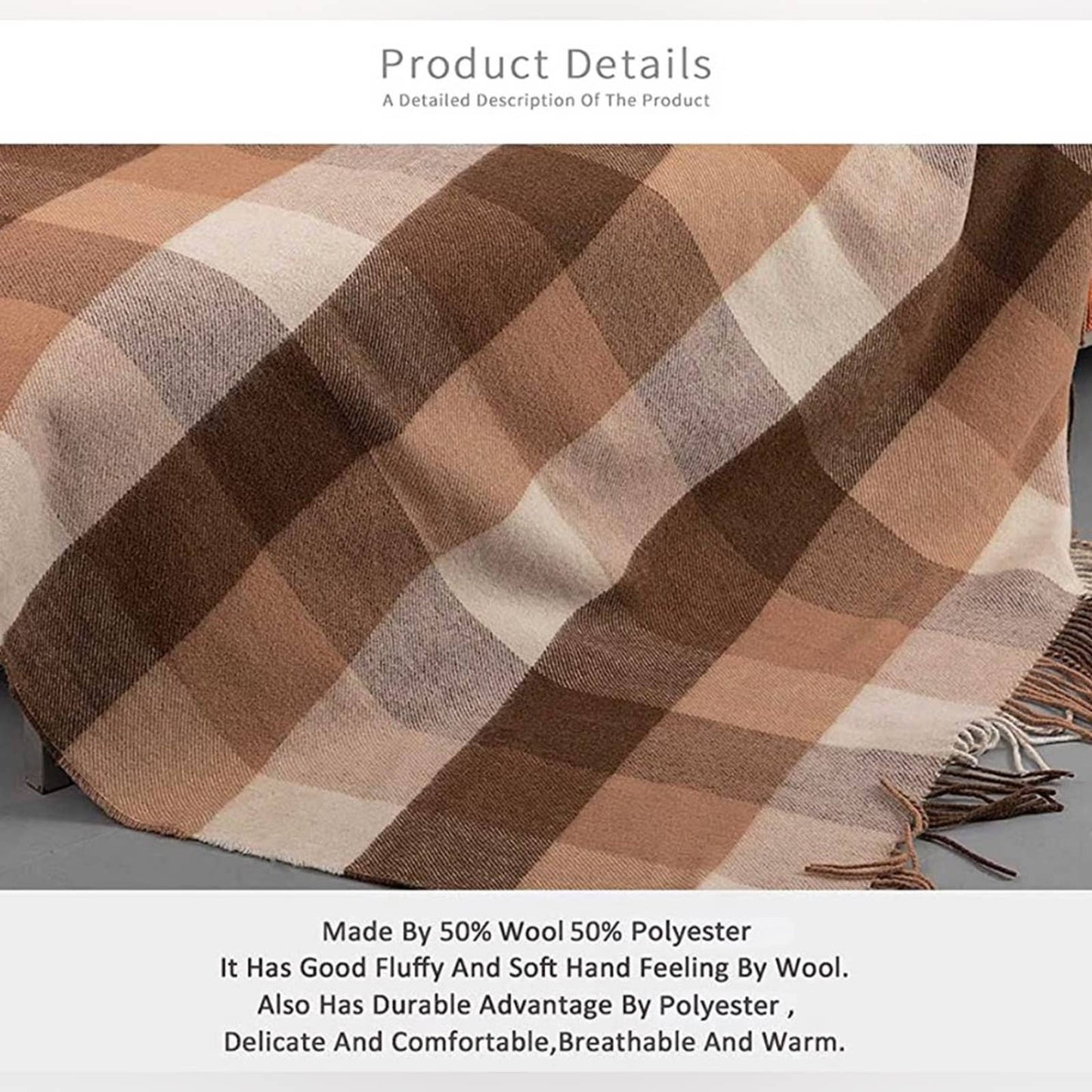 Farridoro Wool Fringe Throw Blanket 51inches with 67inches Decorative All Season