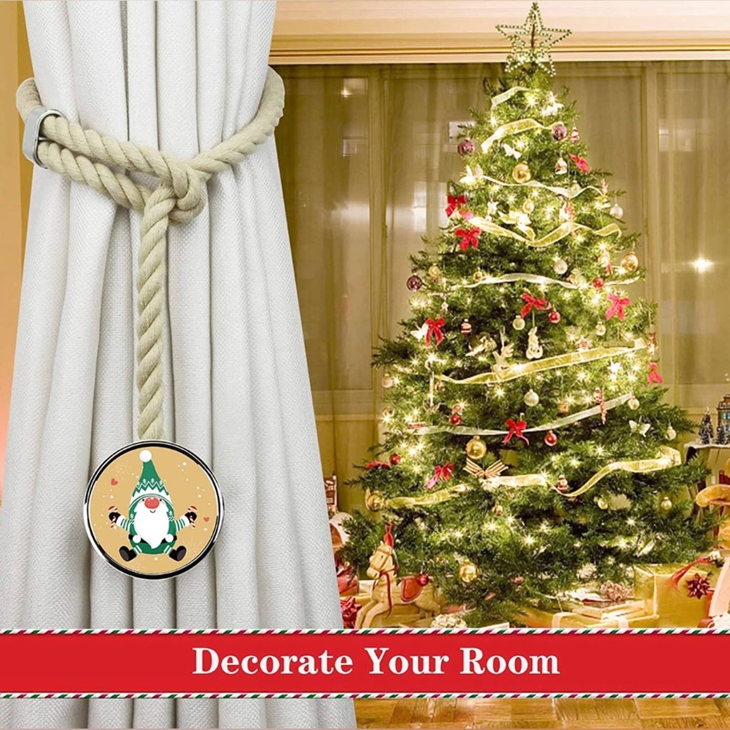 Porlau Christmas Curtain Tieback Cotton Rope Curtain Tie Backs Santa Dark Beige